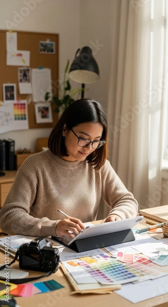 Obraz A young woman working on a digital tablet in her home office, A designer using a tablet to create a mood board for a client project
