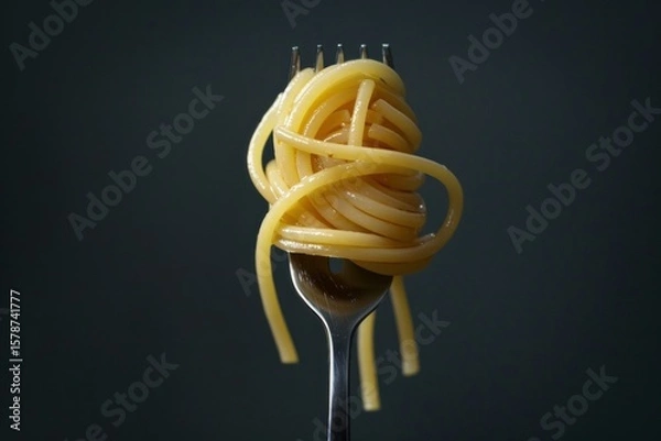 Fototapeta Metal fork lifting a portion of spaghetti on a dark background