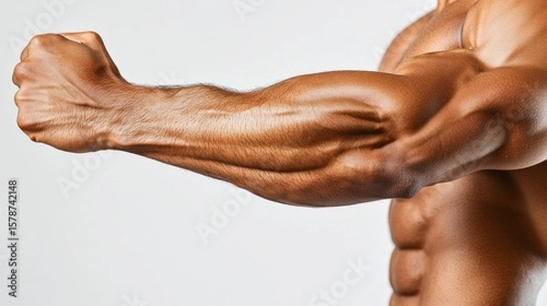 Fototapeta Strong Arm Flexing Isolated on White Background, Highlighting Muscular Definition and Toned Physique for Fitness Concepts