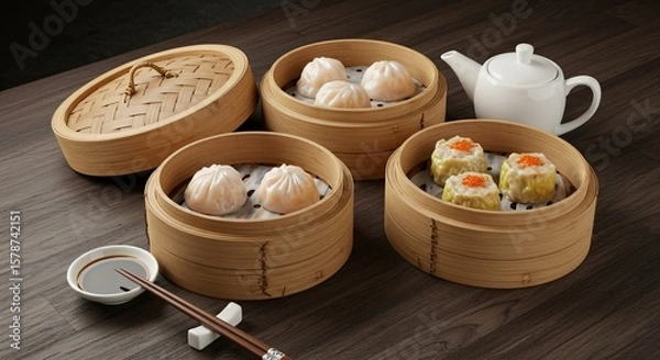 Fototapeta Assortment of dim sum in bamboo steamers with teapot and soy sauce on a wooden surface top view