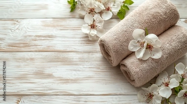 Fototapeta Relaxing Spa Therapy Space with Soft Towels and Beautiful White Flowers for Essential Wellness and Serenity
