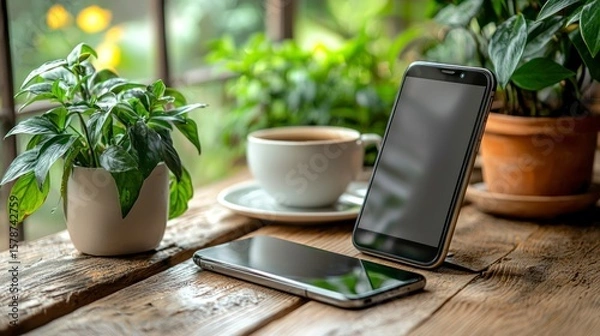 Fototapeta Modern Mobile Lifestyle Workspace with Coffee and Green Plants in Natural Light