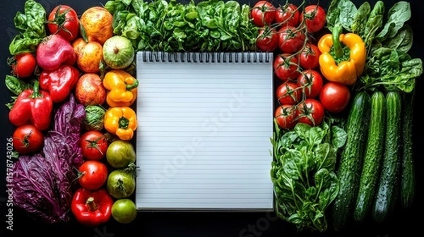 Fototapeta Fresh Produce and Notebook Layout for Healthy Habit Planning in Realistic Photography