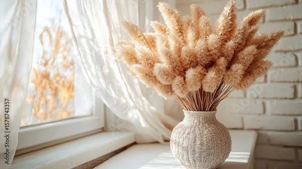 Fototapeta Serene Indoor Scene with Dried Pampas Grass in Artistic Vase by Bright Window