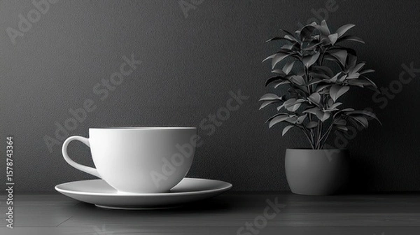 Fototapeta Serene Minimalist Composition Featuring A White Cup On A Saucer Beside A Plant Against A Dark Textured Background