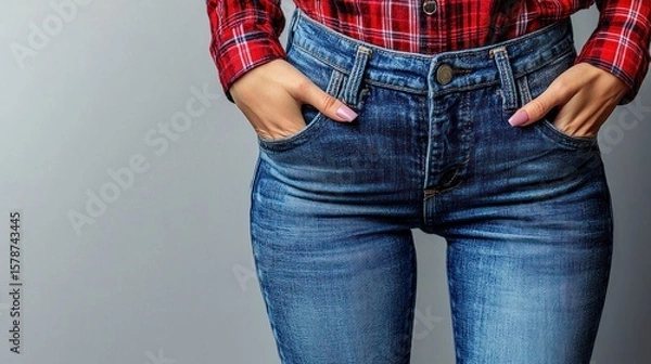 Fototapeta Realistic Body Positivity Photography Featuring Denim and Flannel in Studio Space for Authentic Representation