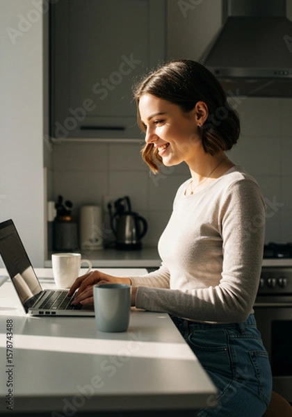 Obraz Smiling young woman working on a laptop in her kitchen, illuminated by morning light, Focused and smiling young woman working on her computer in a bright kitchen setting