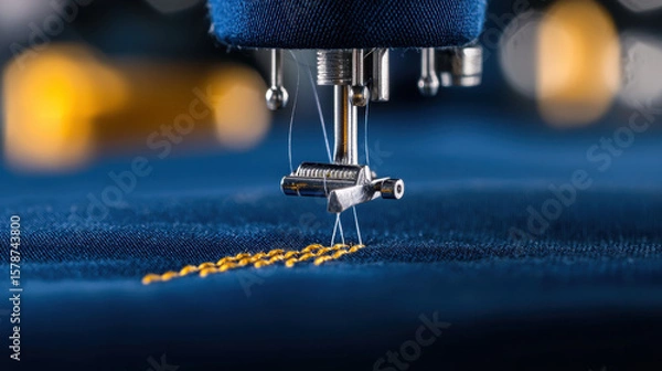 Fototapeta Sewing machine needle stitching golden thread on blue fabric, showcasing precision and craftsmanship in textile work
