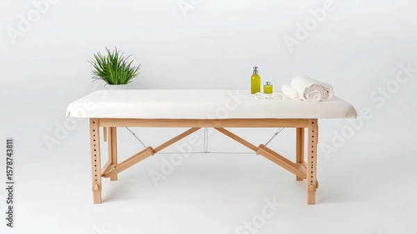 Fototapeta Serene massage table with clean white surface, accompanied by essential oils and towel, set against light background