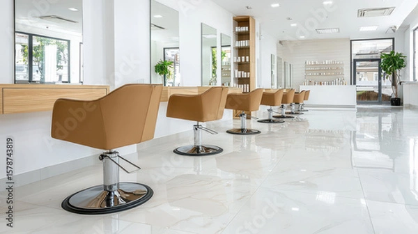 Fototapeta Modern and stylish salon interior featuring sleek chairs, mirrors, and bright, spacious layout that creates welcoming atmosphere