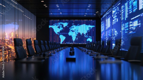 Fototapeta Modern conference room featuring large digital world map display, sleek black chairs, and panoramic city view night, creating sophisticated
