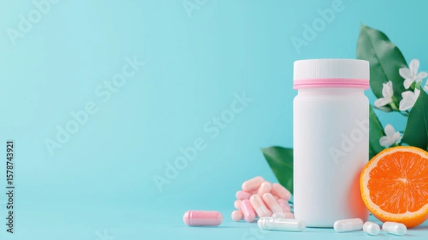 Fototapeta White bottle with pink lid sits on blue background, surrounded by colorful capsules and orange slice, evoking fresh and vibrant feel