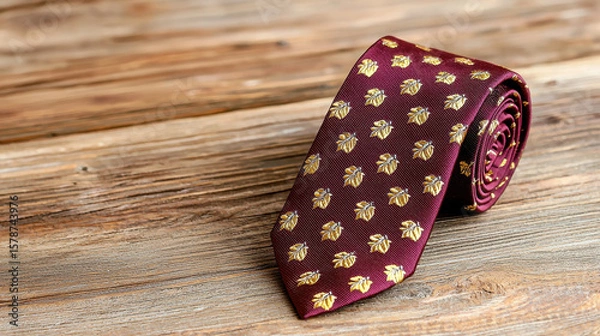 Fototapeta Elegant maroon tie with gold leaf patterns, rolled on rustic wooden surface, perfect for formal occasions and stylish attire