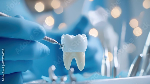 Fototapeta Dental professional holds model of tooth, showcasing its structure and details clinical setting. image conveys sense of care and precision dental