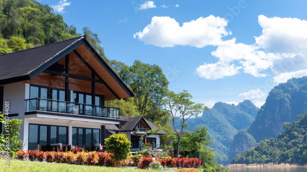 Fototapeta Beautiful two story villa surrounded by lush greenery and mountains, offering serene view of nature and peaceful atmosphere