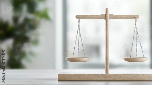 Fototapeta Wooden balance scale symbolizes justice and fairness, set against blurred background. This evokes sense of equilibrium and integrity