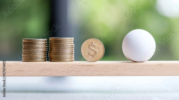 Fototapeta Visual representation of value and price, featuring stacks of coins, dollar coin, and egg on wooden surface, symbolizing financial concepts