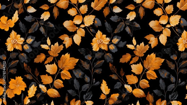 Fototapeta Vibrant floral pattern featuring orange and black leaves on dark background, creating striking visual contrast and sense of elegance