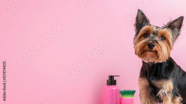 Fototapeta Cute dog stands against pink background, showcasing playful expression. scene includes grooming products, adding vibrant touch