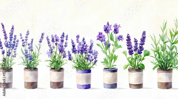 Fototapeta Colorful lavender plants in pots create serene and calming atmosphere, showcasing various shades of purple and green in beautiful arrangement