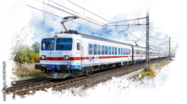 Fototapeta Watercolor illustration of train traveling railway tracks, showcasing vibrant colors and dynamic scene. train features white body with red