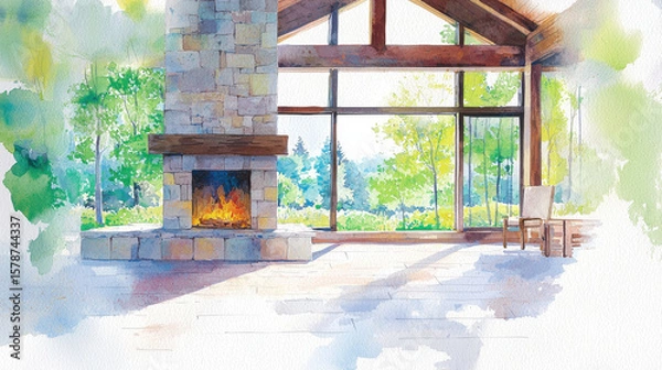 Fototapeta Serene watercolor illustration of modern living space featuring stone fireplace, large windows, and view of lush greenery. warm light creates cozy
