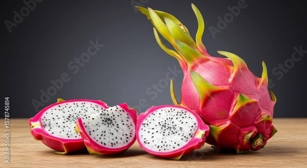 Fototapeta A whole and two halved dragon fruits showing the white flesh and black seeds on a wooden surface