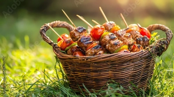 Fototapeta Grilled meat skewers with vegetables in a rustic basket outdoors