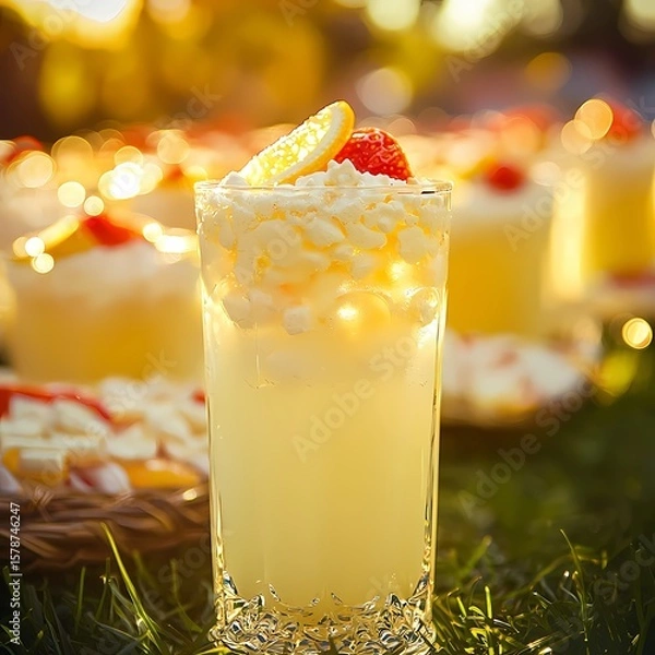 Fototapeta Refreshing Lemonade Drink with Cream and Berries in Sunny Setting