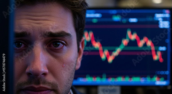 Obraz Tears of the Stock Market Trader, A Trader's Emotional Response to Market Fluctuations on the Screen