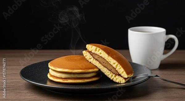 Fototapeta Stack of pancakes with filling on a black plate with a fork and a white mug on a wooden table