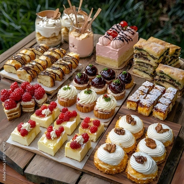 Fototapeta Assorted Desserts and Sweets Elegantly Displayed on Wooden Table
