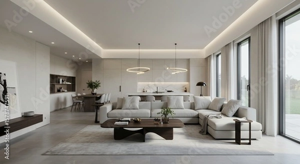 Obraz モダンなリビング空間 優しい光が降り注ぐ 快適なソファと広々とした空間. AI Generated
