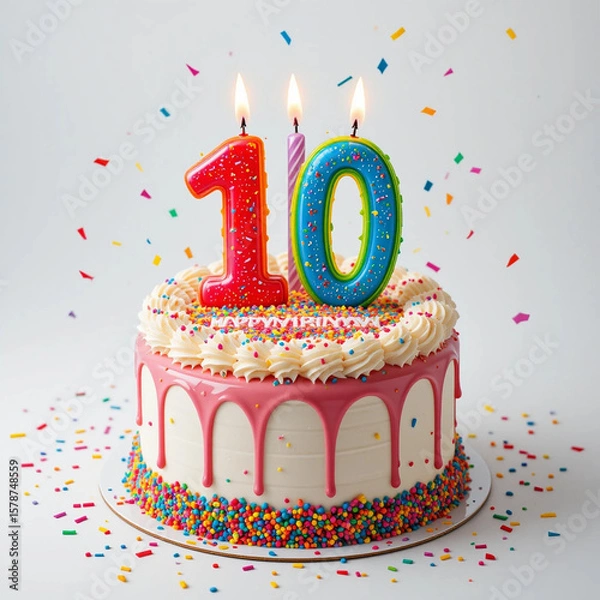 Fototapeta Happy birthday cake with colorful frosting and candles shaped as number 10, sprinkles and confetti around, festive and bright, on white background
