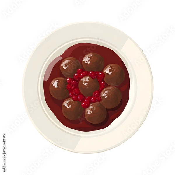 Fototapeta Overhead View of Brown Meatballs in Red Cranberry Sauce on a White Plate