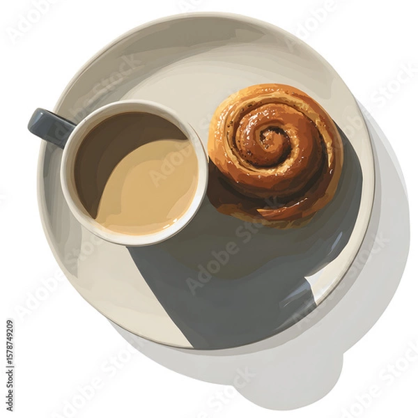 Fototapeta Overhead View of Coffee and Cinnamon Roll on Beige Plate
