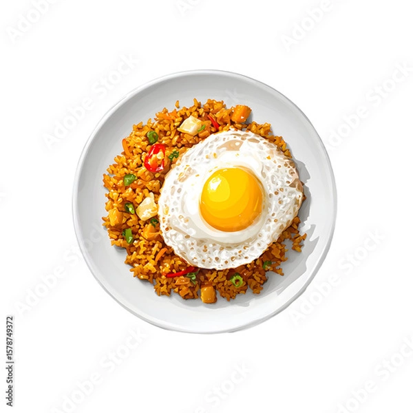 Fototapeta Overhead View of Fried Rice with Fried Egg on White Plate