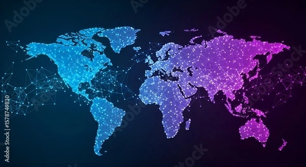 Fototapeta Abstract digital representation of the world map, showcasing global connections and networks.