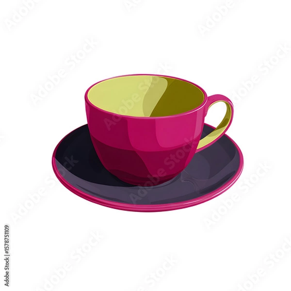 Fototapeta Pink and Yellow Teacup with Saucer on Transparent Background