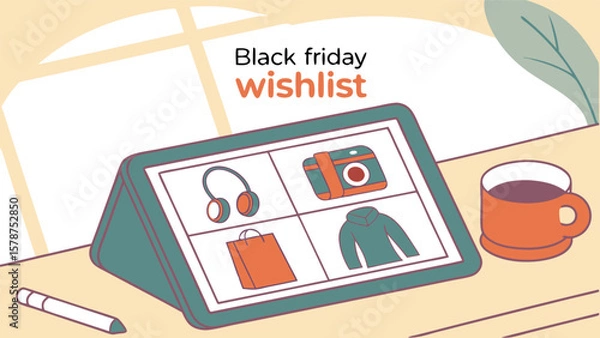 Fototapeta Black friday wishlist on a tablet showing headphones camera bag and clothes with a mug and pen nearby on a table