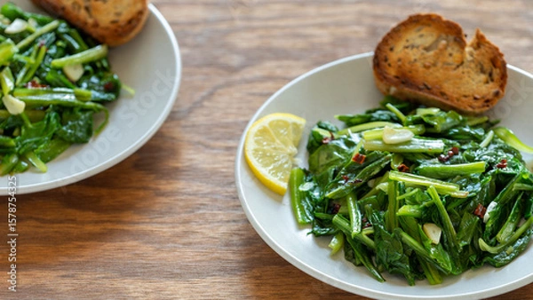 Obraz Two plates with Roman-style chicory greens sautéed in olive oil (Cicoria Ripassata alla Romana) served with toasted bread and a slice of lemon on a brown wooden table.
