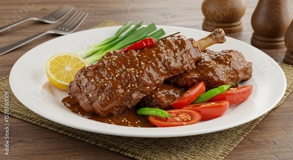 Fototapeta A plate of ribs covered in sauce with lemon wedges and tomatoes on a wooden surface presentation