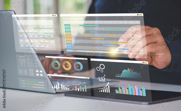 Obraz Project management and workflow scheduling interface. A business professional analyzing Gantt charts, tracking progress, and managing task execution through a digital strategy. Planning and deadline