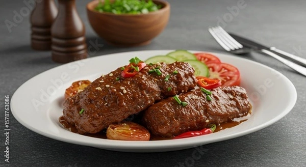 Fototapeta Close up of a plate with meat rolls covered in sauce and garnished with vegetables and herbs