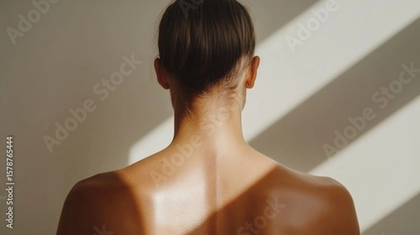 Fototapeta Close-Up view of an elegant back with soft skin highlighted by dramatic light and shadows creating a serene and artistic atmosphere