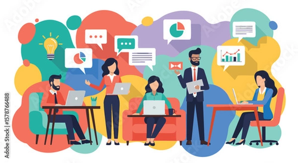 Fototapeta Business team collaboration with laptops and charts illustration