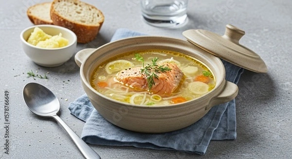 Fototapeta Salmon soup in a bowl with bread and butter on the side served on a blue napkin and gray surface