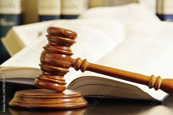 Fototapeta judge gavel mallet in foreground with law books in background unfocuseds
