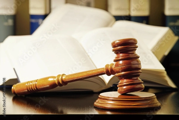 Fototapeta judge gavel mallet in foreground with law books in background unfocuseds