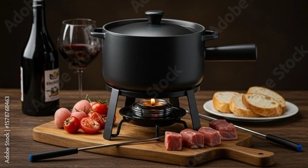 Fototapeta A fondue pot with meat tomatoes bread and wine bottle on a wooden surface in a studio setting